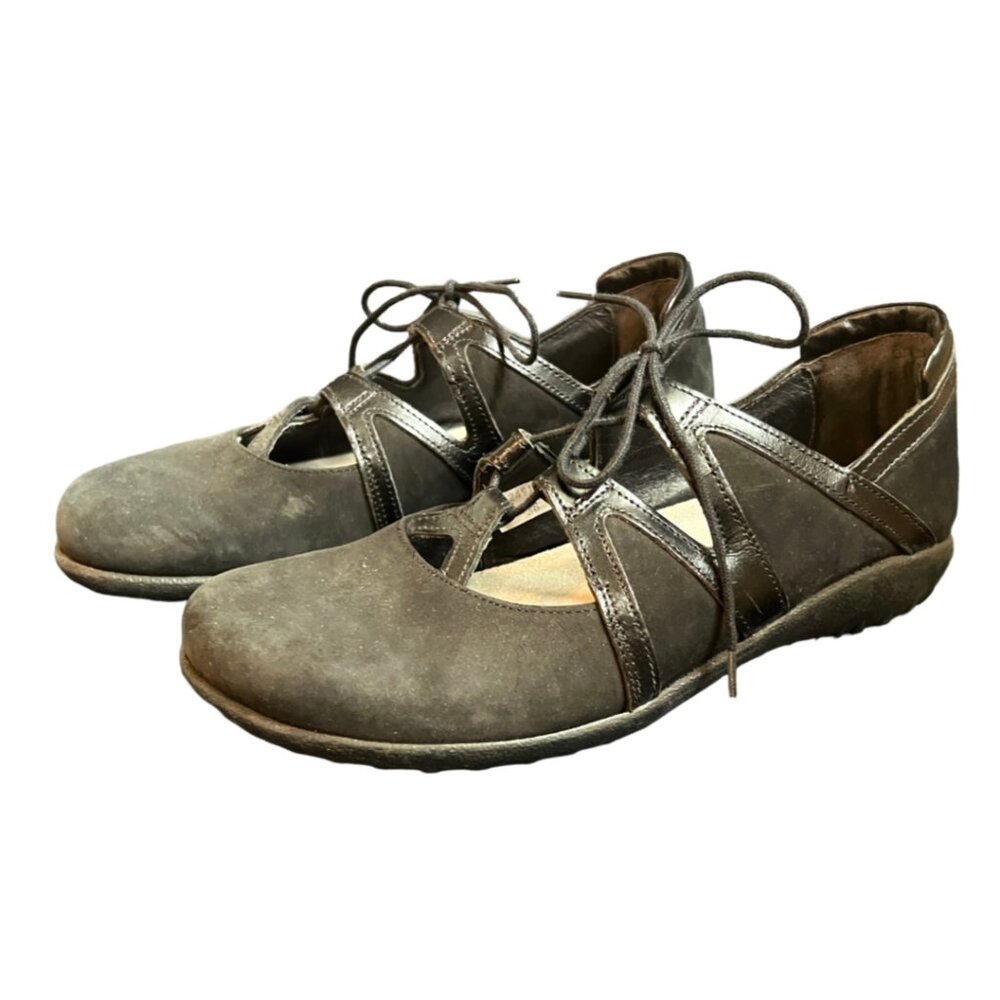 Naot Timu Shoes Womens Size 7 US/ EU 38 Black Nubuck Leather Mary Jane Lace-Up